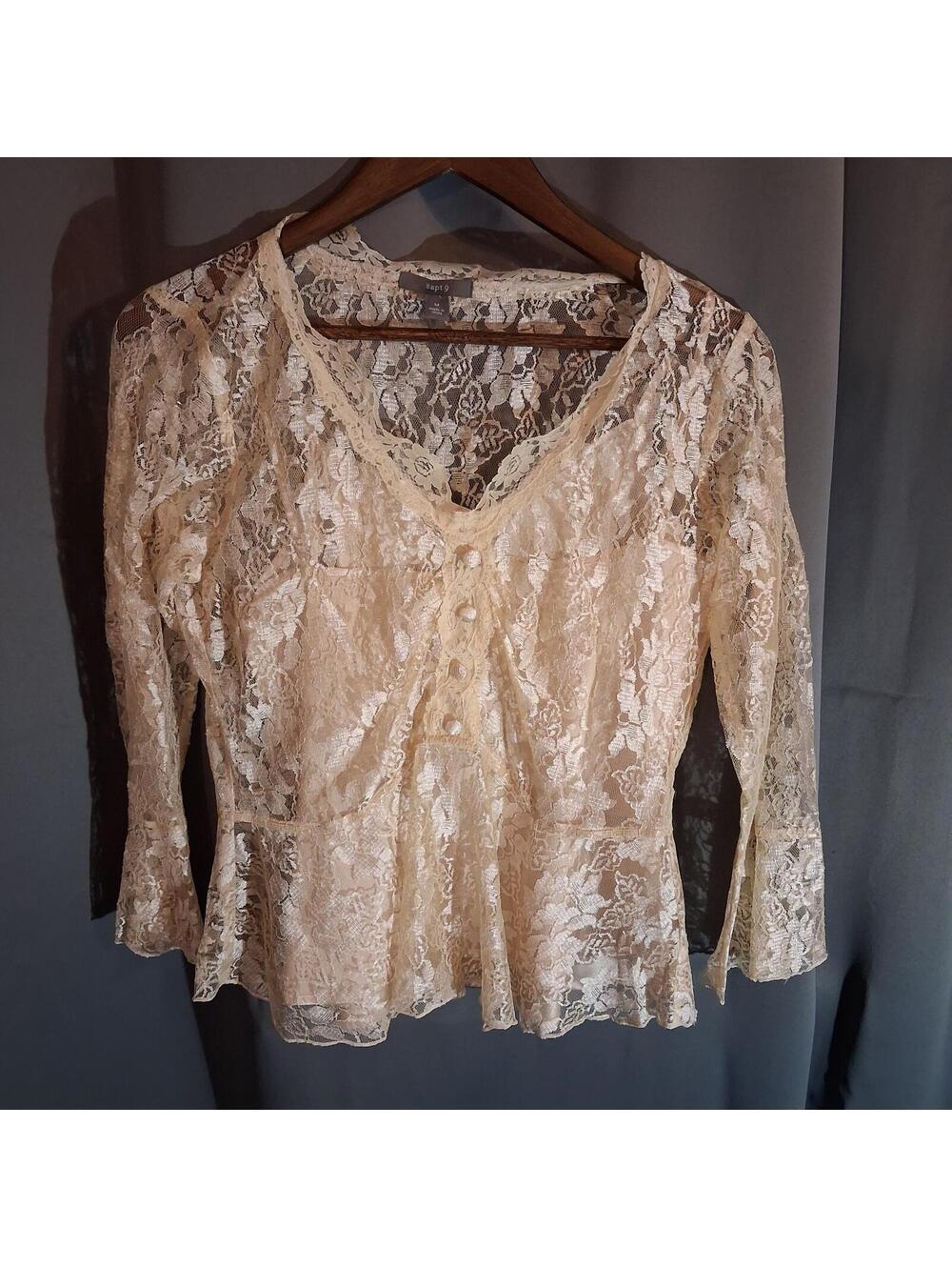 Apt. 9 Cream Lace Long Sleeve Blouse with Button Detail